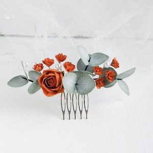 Terracotta flowers hair piece Bridal eucalyptus hair comb Rust Floral hair accessories for bride Fall hair pins set Midi comb 4.5"