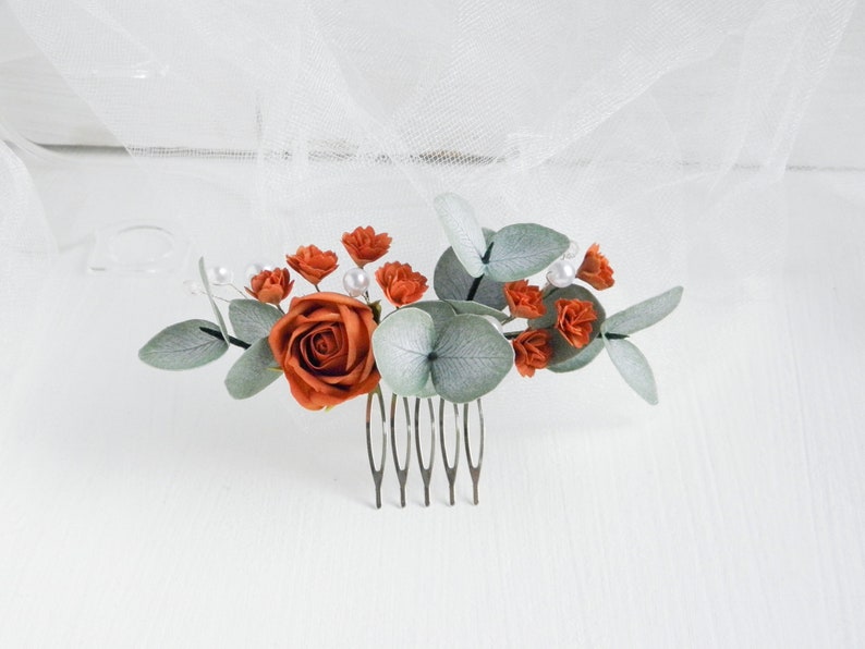 Terracotta flowers hair piece Bridal eucalyptus hair comb Rust Floral hair accessories for bride Fall hair pins set Midi comb 4.5"