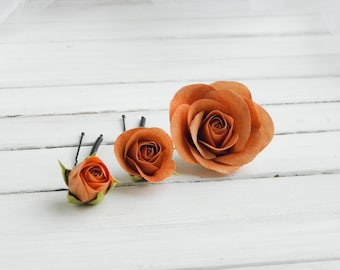 Terracotta wedding hair pins Floral headpiece Roses flowers hair pins Bridal hair piece Wedding hair pins bridesmaid