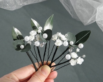 Eucalyptus wedding hair piece Babys breath pearls pins Greenery bridal headpiece Flower hair clip Floral hair accessory for bride