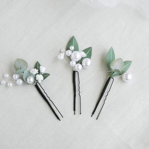 Eucalyptus Pearls Babys breath hair pins Floral bridal headpiece Greenery wedding hair piece
