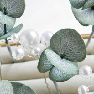 Eucalyptus pearls hair piece Greenery wedding hair pins Floral bridal headpiece for bride image 5