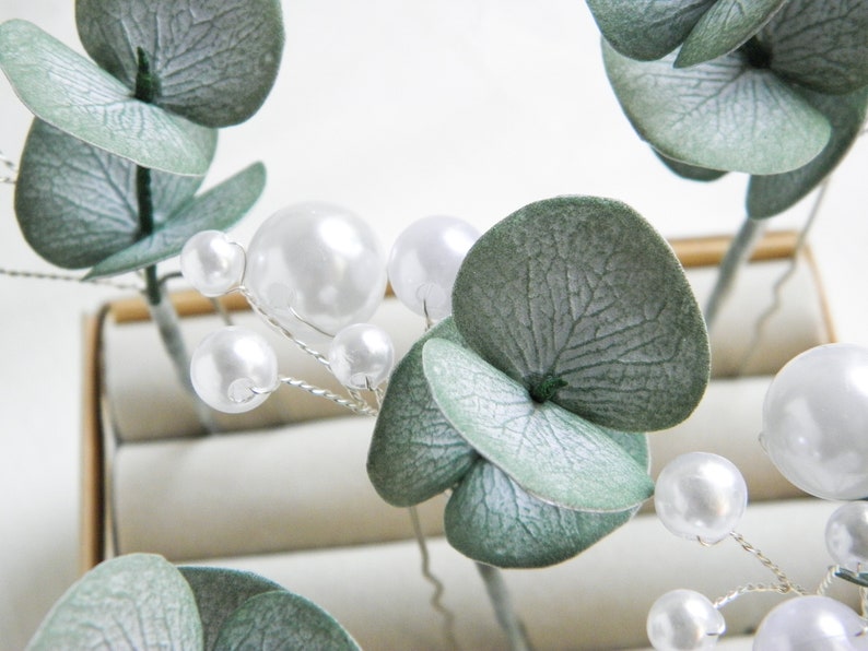 Eucalyptus pearls hair piece Greenery wedding hair pins Floral bridal headpiece for bride image 5