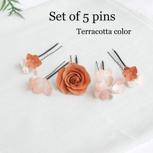 Bridal eucalyptus hair pins Terracotta wedding hair piece Flowers hair pins Floral headpiece image 4