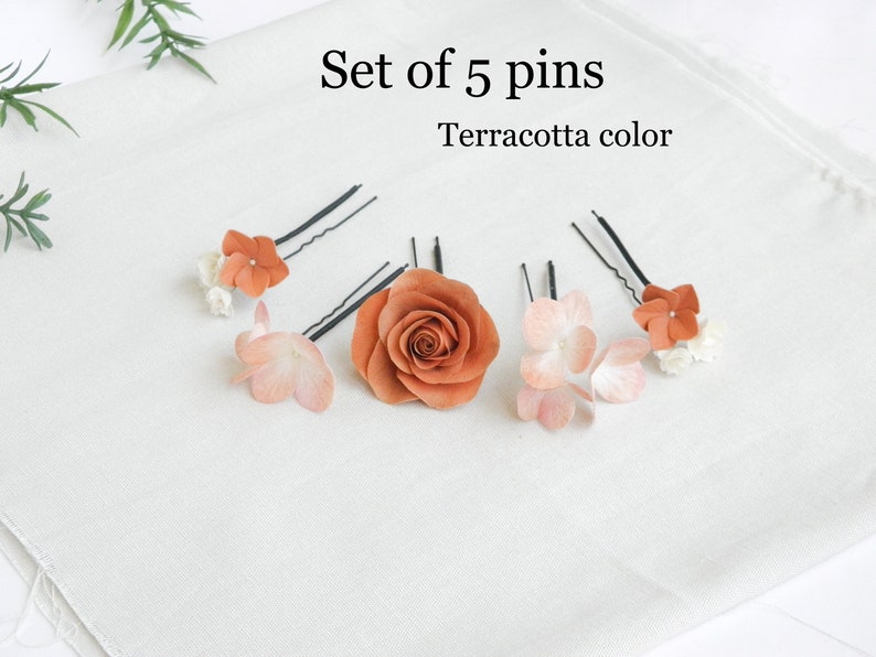 Bridal eucalyptus hair pins Terracotta wedding hair piece Flowers hair pins Floral headpiece image 4
