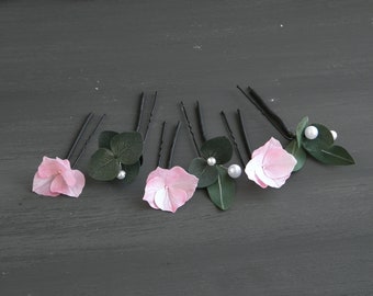 Pink floral hair piece Wedding hair pins for bride Flowers pearl headpiece Eucalyptus bridal hair accessories