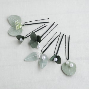 Horquillas de pelo con hojas verdes Horquillas de perlas de eucalipto Tocado de boda para novia