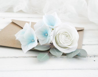 Pieza de pelo azul para bodas Horquillas de flores Tocado nupcial floral novia Hortensia de rosas blancas