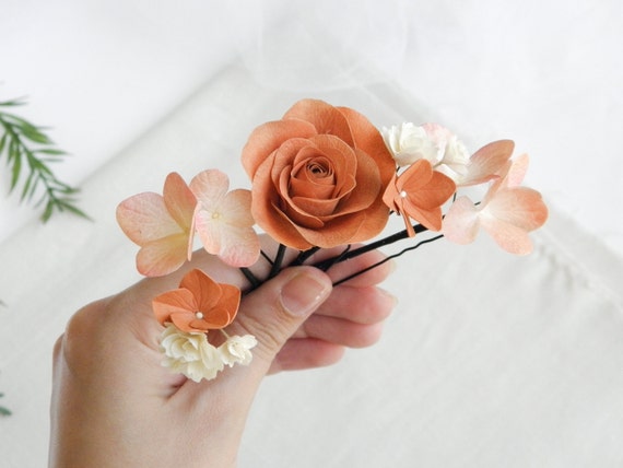 Terracotta wedding hair pins Flowers bridal hair piece Wedding floral hair piece Fall flower hair pins bride Rose headpiece