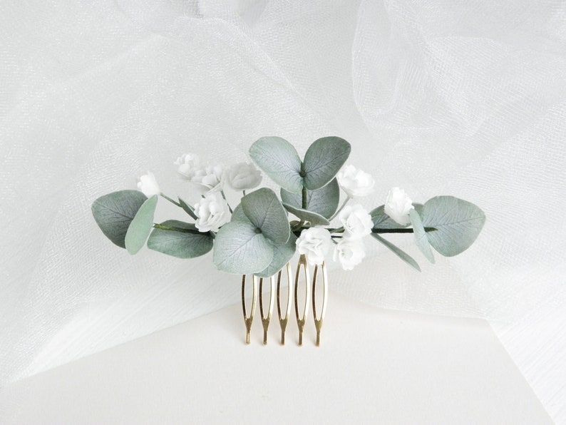 Greenery wedding hair piece Babies breath Eucalyptus bridal hair comb Floral headpiece for bride image 4