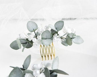 Bridal eucalyptus pearls hair comb Babies breath greenery wedding hair piece Floral headpiece for bride