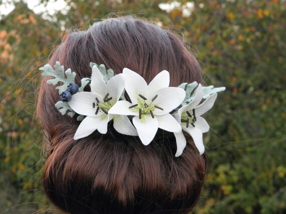 Bridal Flower Hair Comb White Lilies Hair Piece Tropical Etsy