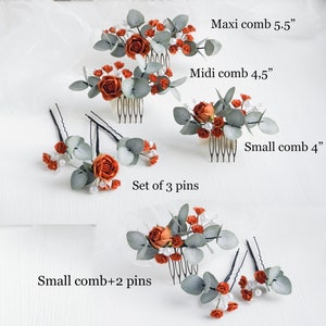 Terracotta flowers hair piece Bridal eucalyptus hair comb Rust Floral hair accessories for bride Fall hair pins set image 2