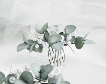 Eucalyptus pearls hair piece Greenery wedding hair comb Bridal floral headpiece for bridesmaid