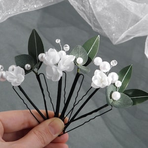 Tocado de novia con vegetación Tocado de novia de eucalipto Horquillas de flores blancas Tocado floral para novia Horquillas de perlas