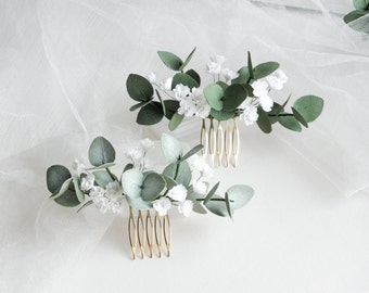Eucalyptus Babies breath hair comb Bridal floral hair comb Wedding headpiece for bride Greenery hair piece