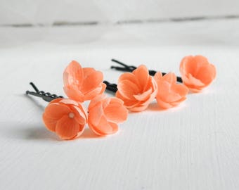 Bridal Orange Flower Hair Pins, Small Floral Apricot Headpiece for Bride, Bridesmaid Hair Clip