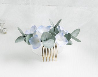 Wedding flower hair comb Bridal eucalyptus hair piece Blue hydrangea headpiece