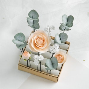 Floral bridal hair piece Eucalyptus Rose Baby breath wedding hair pins Peach flowers hair accessory for bride