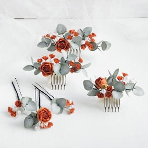 Terracotta wedding hair comb Eucalyptus bridal hair piece Fall flowers hair pins Floral headpiece for bride image 1