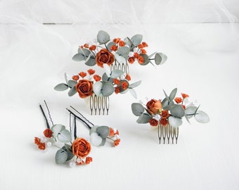 Peineta de boda de terracota, tocado de novia de eucalipto, horquillas de flores de otoño, tocado floral para novia