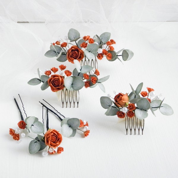 Terracotta wedding hair comb Eucalyptus bridal hair piece Fall flowers hair pins Floral headpiece for bride
