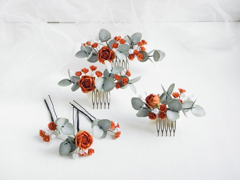 Terracotta wedding hair comb Eucalyptus bridal hair piece Fall flowers hair pins Floral headpiece for bride image 1