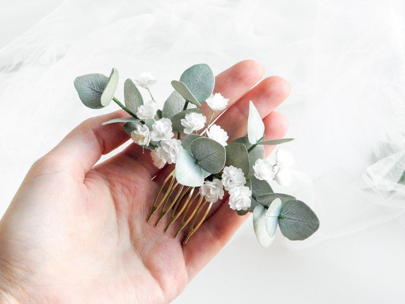Babies breath Eucalyptus hair comb Wedding headpiece for bride Greenery hair piece Bridal floral hair comb #5