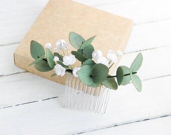 Eucalyptus bridal hair comb Babys breath pearl hair piece Floral wedding headpiece for bridesmaid