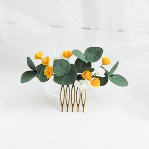 Orange floral eucalyptus hair comb Babies breath wedding headpiece for bride Greenery bridal hair piece
