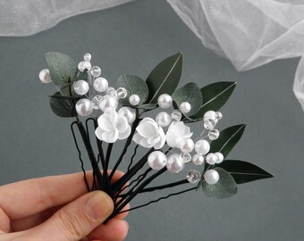 Eucalyptus hair piece Greenery wedding hair pins Floral bridal hair accessories for bride Flowers Pearl hair piece