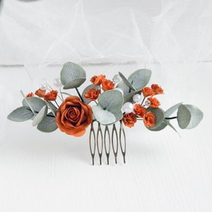 Terracotta wedding hair comb Eucalyptus bridal hair piece Fall flowers hair pins Floral headpiece for bride Maxi comb 5.5"