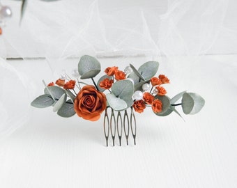 Terracotta wedding hair comb Eucalyptus bridal hair piece Fall flowers hair pins Floral hair accessories for bride