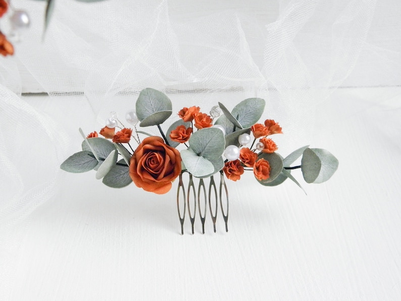 Terracotta wedding hair comb Eucalyptus bridal hair piece Fall flowers hair pins Floral headpiece for bride Maxi comb 5.5"