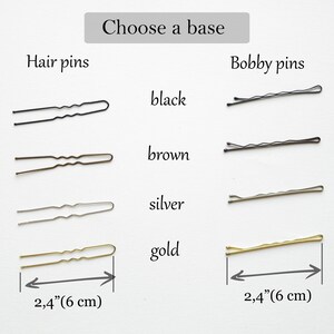 May include: Four hair pins and four bobby pins in black, brown, silver, and gold. The hair pins are 2.4 inches (6 cm) long. The bobby pins are also 2.4 inches (6 cm) long.