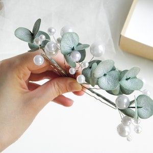 Eucalyptus pearls hair piece Greenery wedding hair pins Floral bridal headpiece for bride image 4