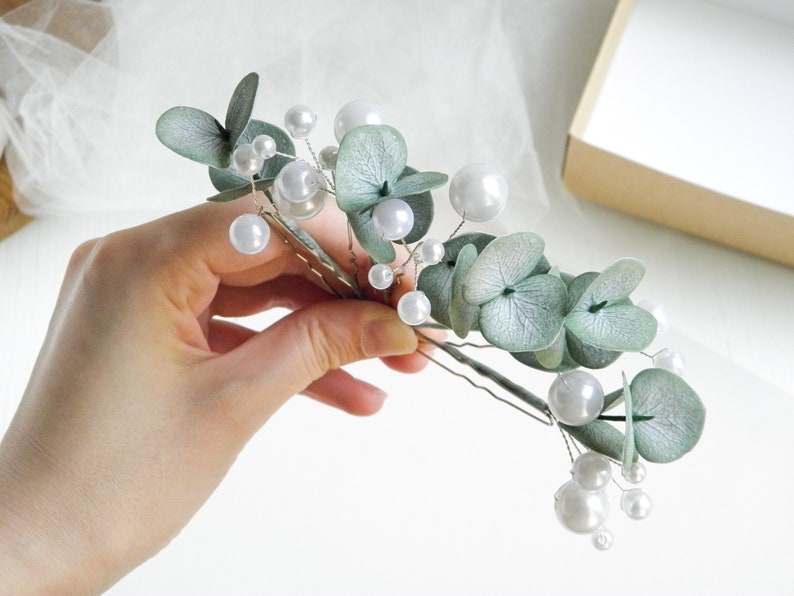 Eucalyptus pearls hair piece Greenery wedding hair pins Floral bridal headpiece for bride image 4