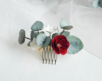 Burgundy eucalyptus hair comb Bridal hair piece floral Greenery fall wedding hair accessories for bride