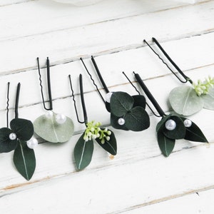 Horquillas para el pelo de eucalipto perlado, tocado de novia, tocado floral para boda, horquillas para el pelo con flores