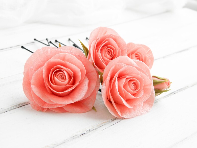 Rose head piece Living coral wedding Real touch flower hair piece Bridal hair pins set 5 Floral hair clip for bride Bridesmaid hair pin