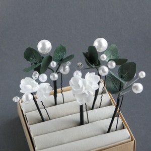 Horquillas florales para el cabello, Perla de eucalipto, Tocado nupcial, Tocado verde para boda, Horquillas de flores, Tocado de eucalipto para novia