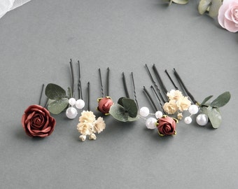 Burgundy flower hair pins Eucalyptus bridal hair piece Floral headpiece pearl for bride Fall wedding hair pins