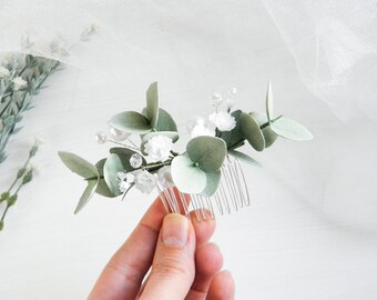 Peigne de mariage en eucalyptus, perles d'haleine de bébé, pièce de cheveux, bandeau de mariée floral pour la mariée, vert sauge et menthe, peigne à cheveux