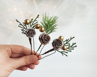 Winter wedding hair pins Pine cones hair piece Christmas bridal hair piece