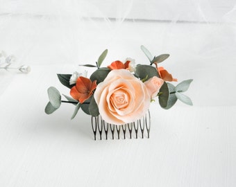 Flower bridal hair comb peach Fall wedding hair piece for bride Floral hair comb
