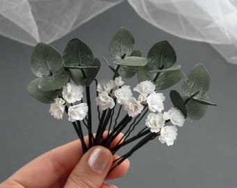 Babys breath Eucalyptus hair pins  Bridal flowers hair pins Wedding floral hair piece for bride Gypsophila hair pins