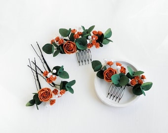 Peine de pelo de boda de terracota Pieza de pelo nupcial de eucalipto verde Pasadores de pelo de flores de otoño Accesorios florales para el cabello para novia