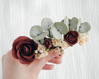 Burgundy bridal hair pins Wedding floral hair piece Flower hair pins bride Eucalyptus bridal headpiece Rose headpiece