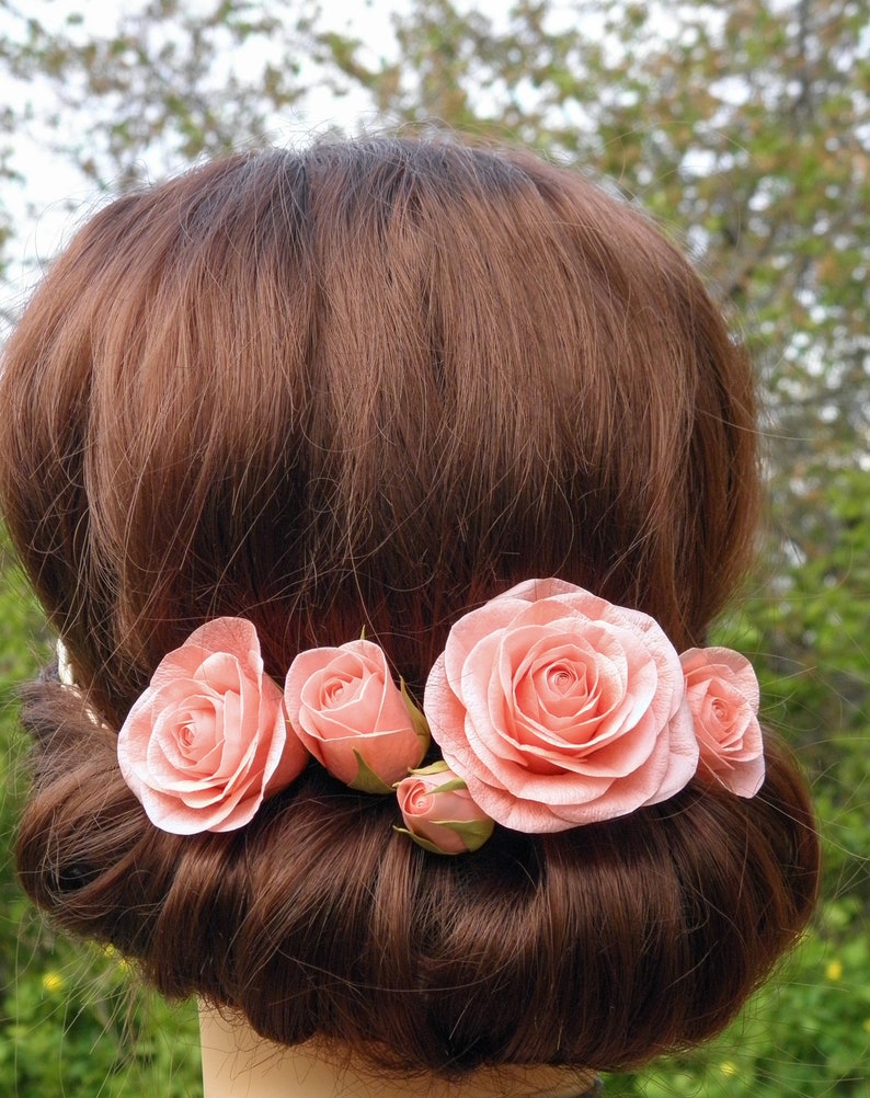 Rose head piece Living coral wedding Real touch flower hair piece Bridal hair pins set 5 Floral hair clip for bride Bridesmaid hair pin