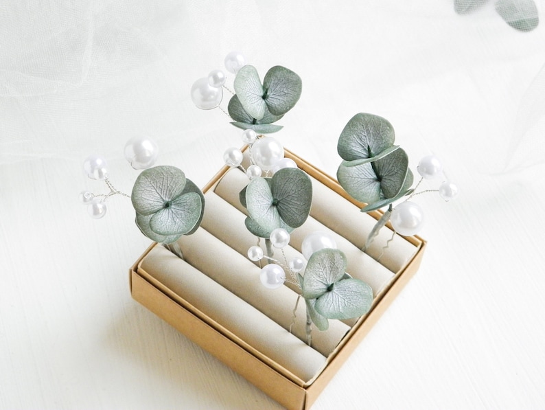 Eucalyptus pearls hair piece Greenery wedding hair pins Floral bridal headpiece for bride image 1